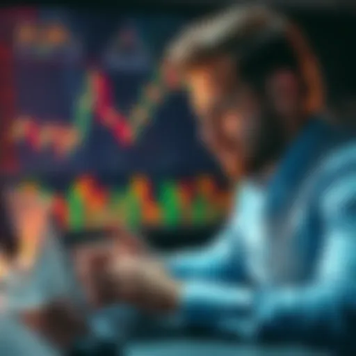 Individual studying paid crypto indicators and signals on a laptop with graphs and charts in the background