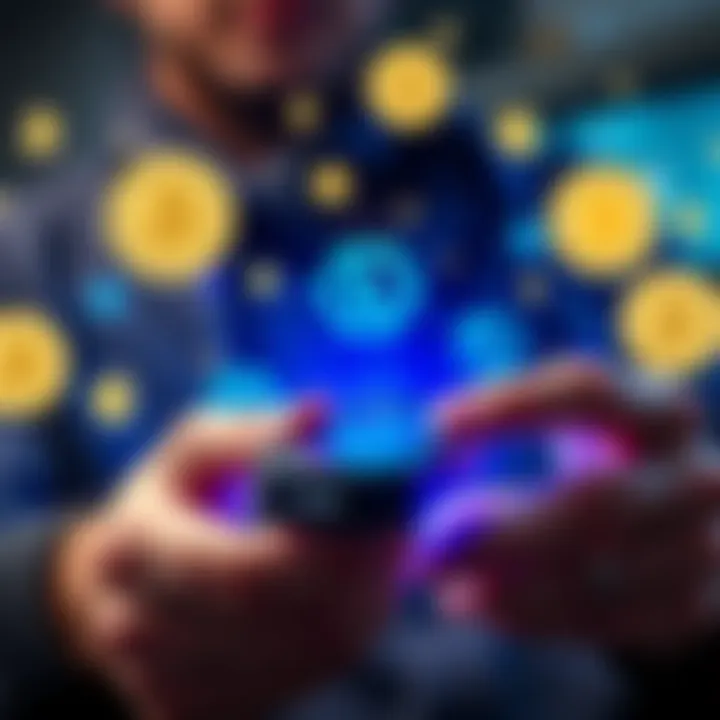 A person using a Ledger device with digital currency symbols around them, illustrating seamless crypto spending while keeping assets secure.