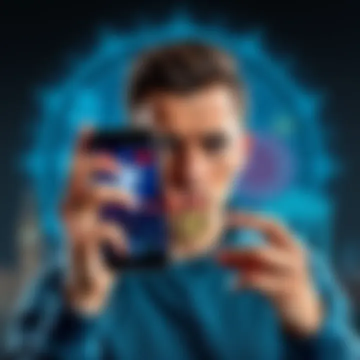 A person looking frustrated while holding a smartphone displaying a cryptocurrency app, with government and bank symbols in the background