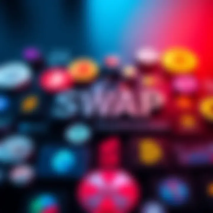 A collage of various cryptocurrency swap platform logos with charts showing favorable rates