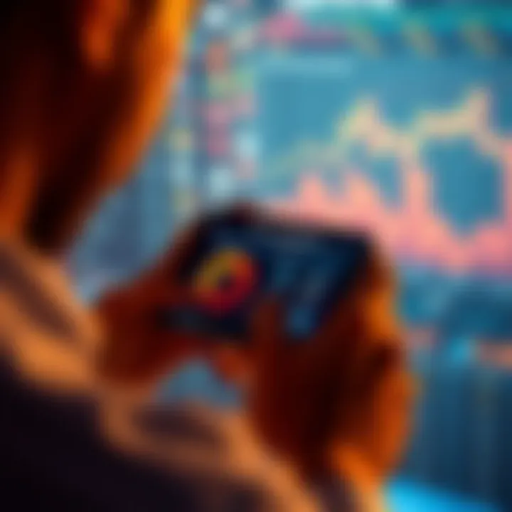A person using a smartphone to compare different crypto swapping platforms, with graphs showing speed and reliability on the screen.