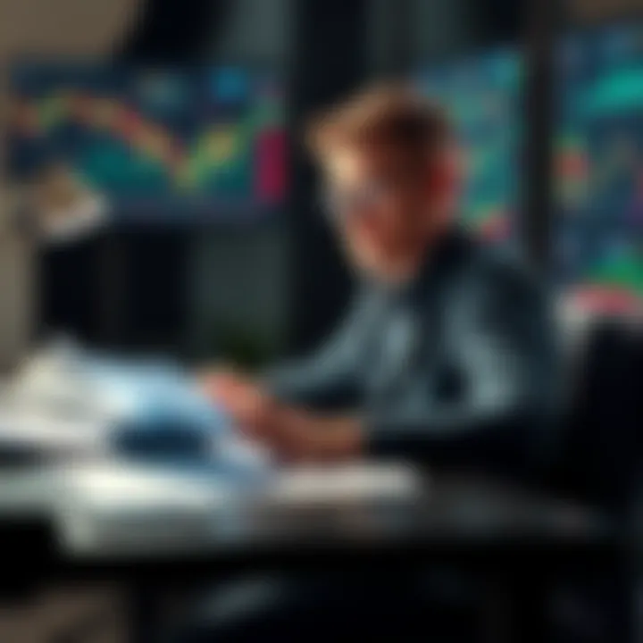 Individual sitting at a desk, surrounded by crypto charts and tax documents, looking focused on calculations.