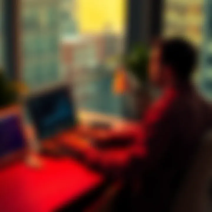 A person sitting at a desk, using a laptop to calculate taxes, with cryptocurrency graphics displayed on the screen.