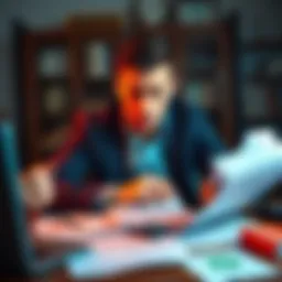 Person looking stressed with multiple crypto wallets and tax documents on a desk
