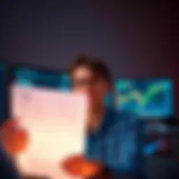 A person looking worried while holding a tax form, with a computer displaying a crypto exchange in the background.