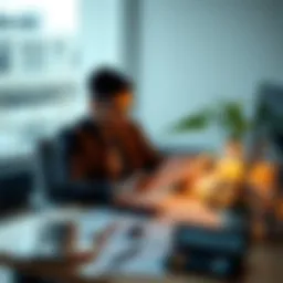 A person sitting at a desk reviewing cryptocurrency tax documents with a calculator and laptop, looking thoughtful.