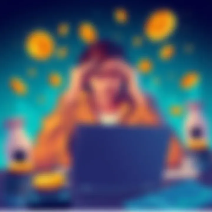 A person stressed over crypto tax forms with laptop and digital currencies around them