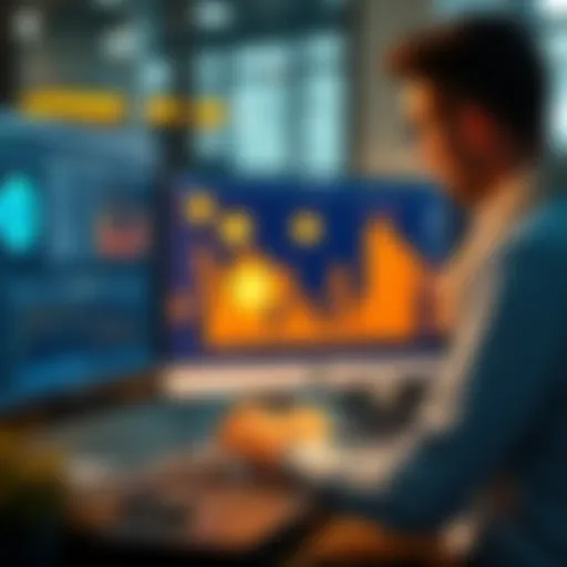 Business person reviewing crypto tax software on a computer screen with digital currencies shown