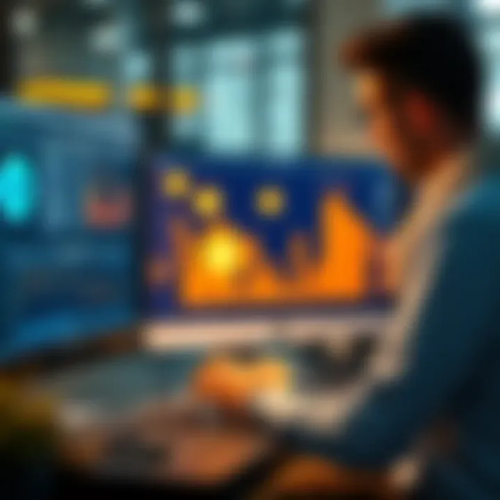 Business person reviewing crypto tax software on a computer screen with digital currencies shown