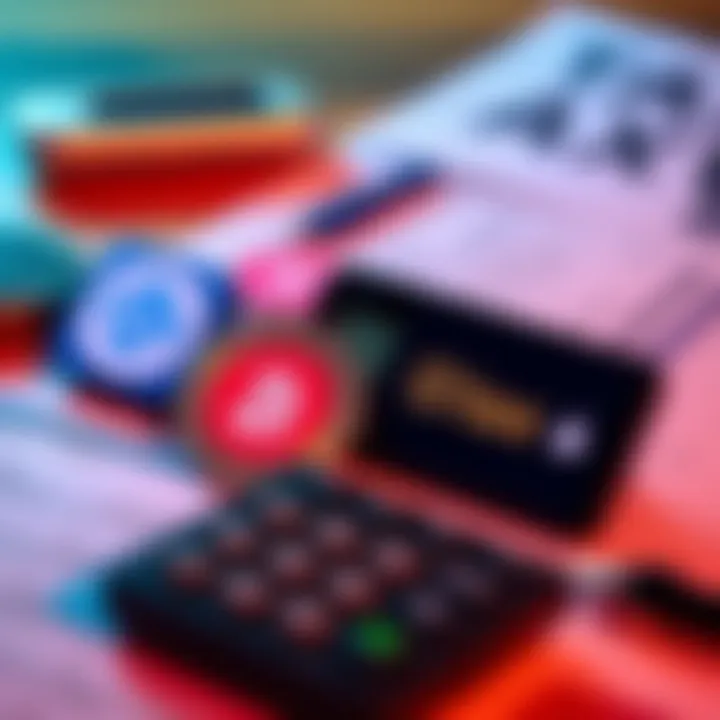 Different software logos for crypto tax filing, including CoinTally and CoinLedger, highlighted with a calculator and paperwork in the background.
