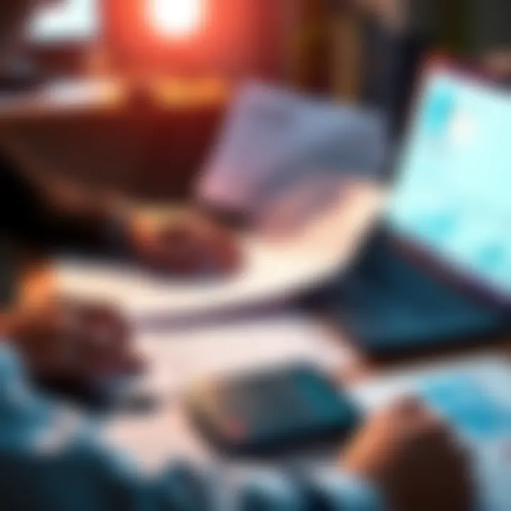 A person analyzing cryptocurrency charts and tax documents on a desk with a laptop and calculator.