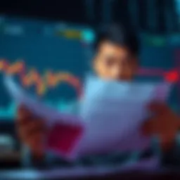 Individual looking worried while reviewing tax documents with a cryptocurrency chart showing a falling value in the background