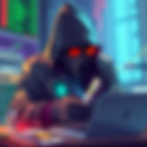 An illustration depicting a hacker stealing cryptocurrency with a digital wallet and cash