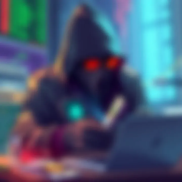 An illustration depicting a hacker stealing cryptocurrency with a digital wallet and cash