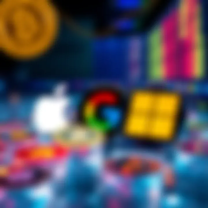 Concept image showing logos of Apple, Google, and Microsoft with cryptocurrency symbols
