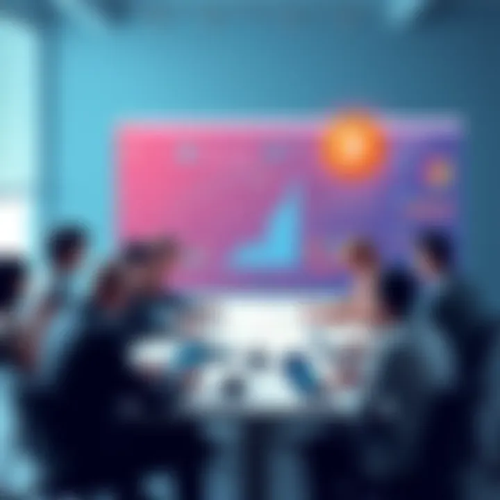 A group of people brainstorming ideas for a new cryptocurrency tool, with charts and digital devices around them.