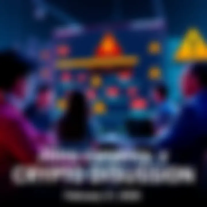 People engaging in a discussion about cryptocurrency trading with cautionary symbols displayed.