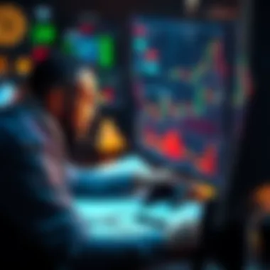 A focused trader looking at cryptocurrency charts on a computer screen, surrounded by notes and trading tools.