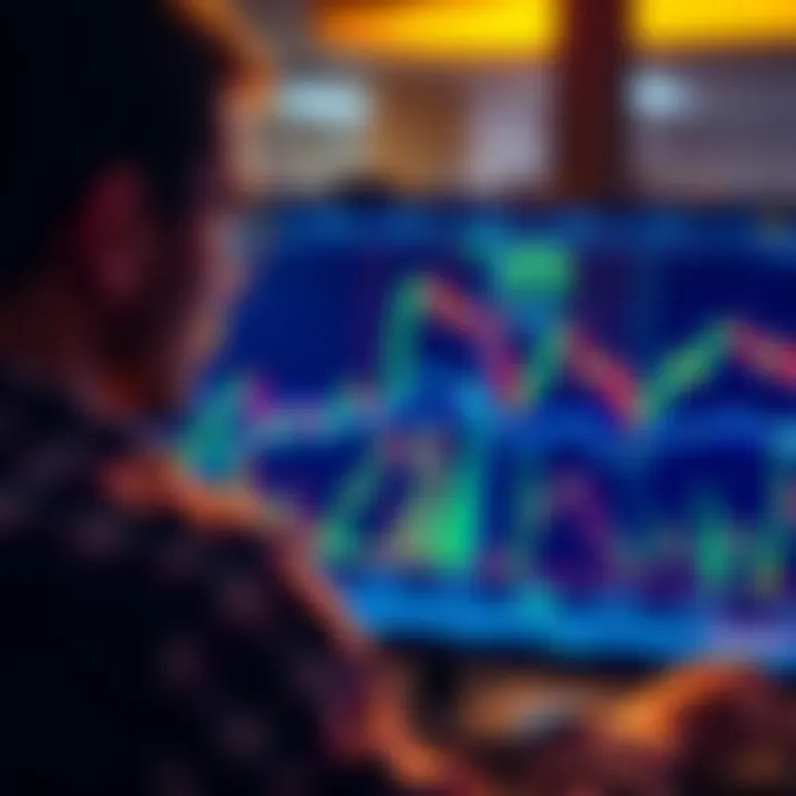 A trader looking at cryptocurrency charts on a screen, showing graphs and data points, illustrating market analysis and decision-making.