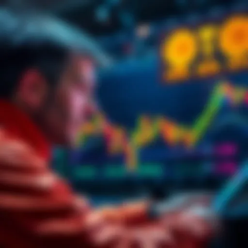 A cryptocurrency trader looks at charts showing BTC and ETH market fluctuations, deep in thought.