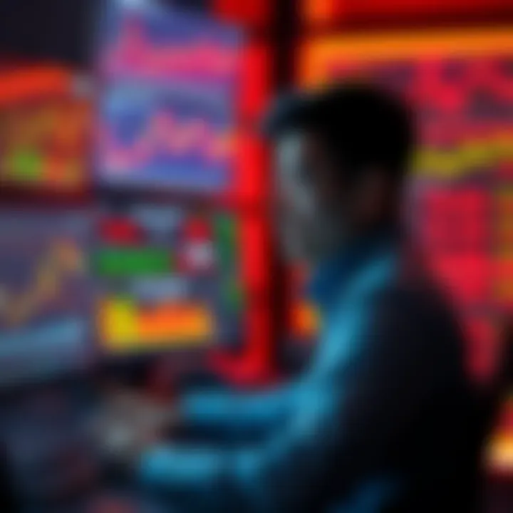 A person focused on trading cryptocurrency, looking at multiple screens with charts and graphs showing market fluctuations.