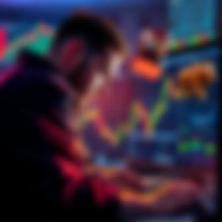 A focused trader analyzing charts on a screen, surrounded by symbols of fear and greed like a bear and bull, illustrating the importance of emotional control in trading.