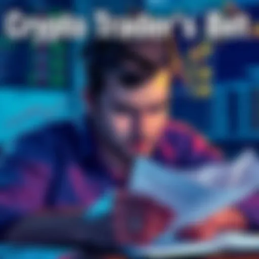 A stressed crypto trader looks at financial documents, with images of loans and a life insurance policy in the background, reflecting his recent losses and bold decisions.