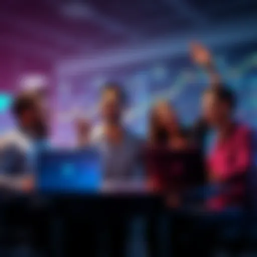 A group of traders joyfully discussing their successes in cryptocurrency earnings with charts and laptops around them.