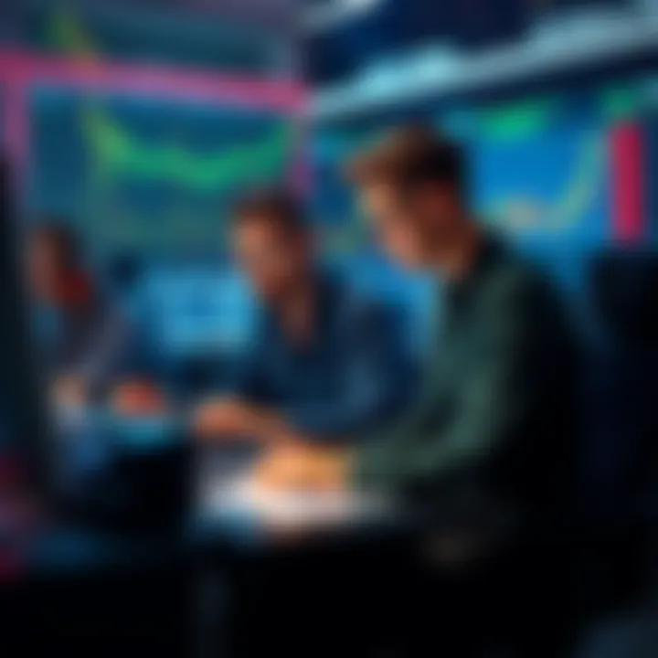 A group of traders analyzing charts and discussing the future of altcoins at a trading desk.