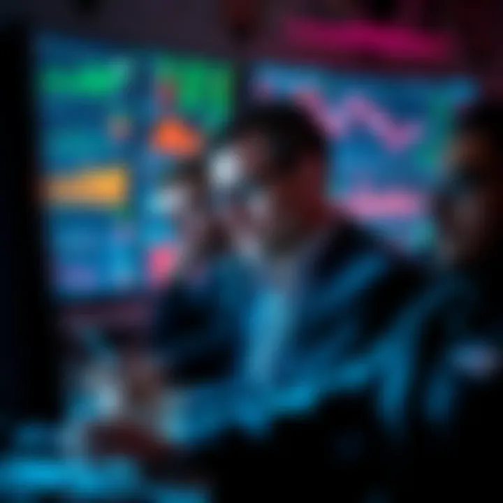 Group of crypto traders analyzing charts on screens with concerned expressions as global tensions rise.