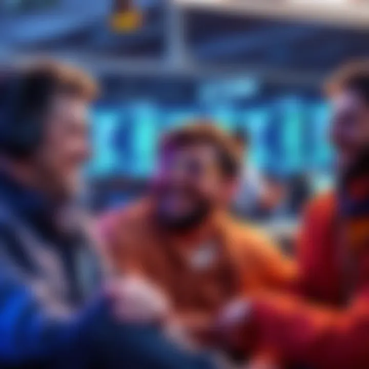 Group of crypto traders laughing and discussing strategies in a relaxed setting