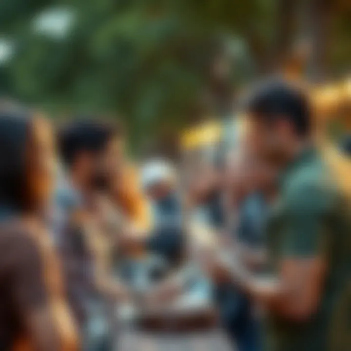 A group of people engaged in peer-to-peer cryptocurrency trading at an outdoor meetup in Australia, exchanging information and cash.