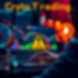 A visual warning sign about cryptocurrency trading, showing a person looking at charts with a caution symbol and a laptop displaying crypto prices.