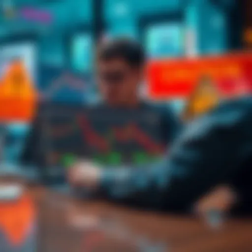 Crypto Trading Caution A trader looking at charts on a laptop screen, with caution signs and scam alerts visible in the background