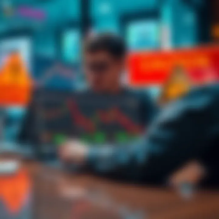 Crypto Trading Caution A trader looking at charts on a laptop screen, with caution signs and scam alerts visible in the background