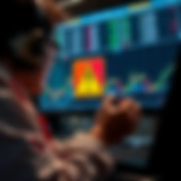 A trader reviewing cryptocurrency charts with a warning sign visible, symbolizing caution in trading practices.