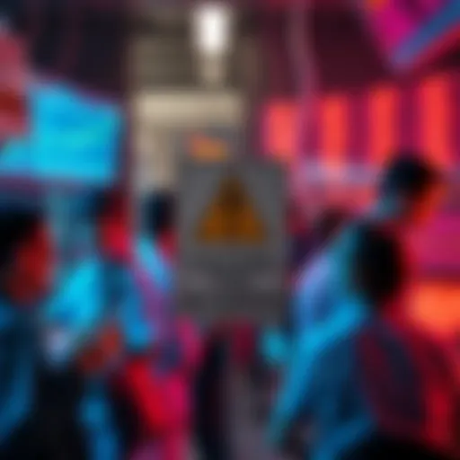A group of traders discussing cryptocurrency on user boards, with a warning sign about scams prominently displayed.