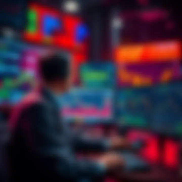 A trader looking at multiple screens showing cryptocurrency prices and charts at night, illustrating the 24/7 nature of the crypto market.