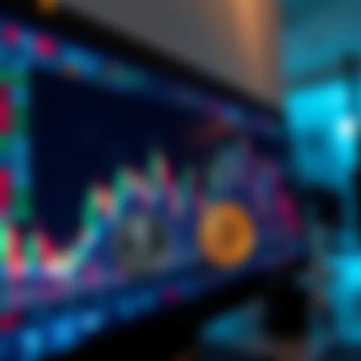 A digital screen displaying a fluctuating cryptocurrency trading chart with Bitcoin and Ethereum symbols