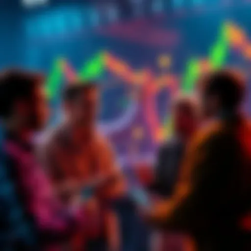 Crypto Trading Discussion A group of people engaged in a conversation about cryptocurrency trading, with charts and digital currency symbols in the background.