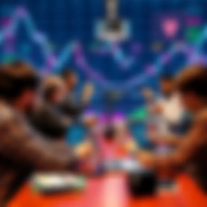A group of people engaging in a lively discussion about cryptocurrency trading at a table, with charts and laptops in front of them, emphasizing caution and information sharing.