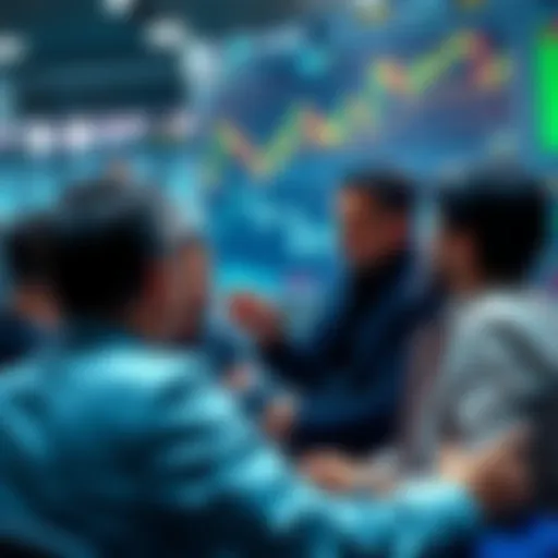 People engaging in a discussion about cryptocurrency trading with charts and graphs visible.