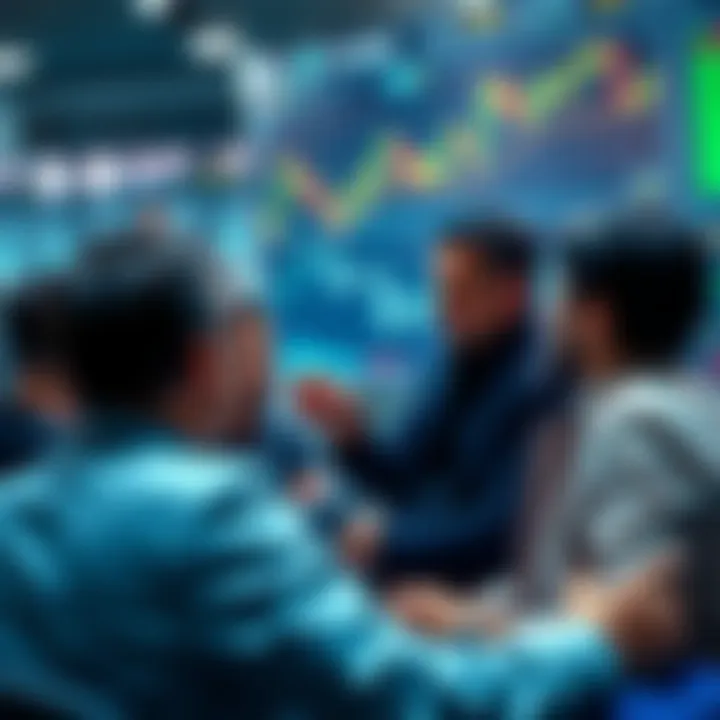 People engaging in a discussion about cryptocurrency trading with charts and graphs visible.