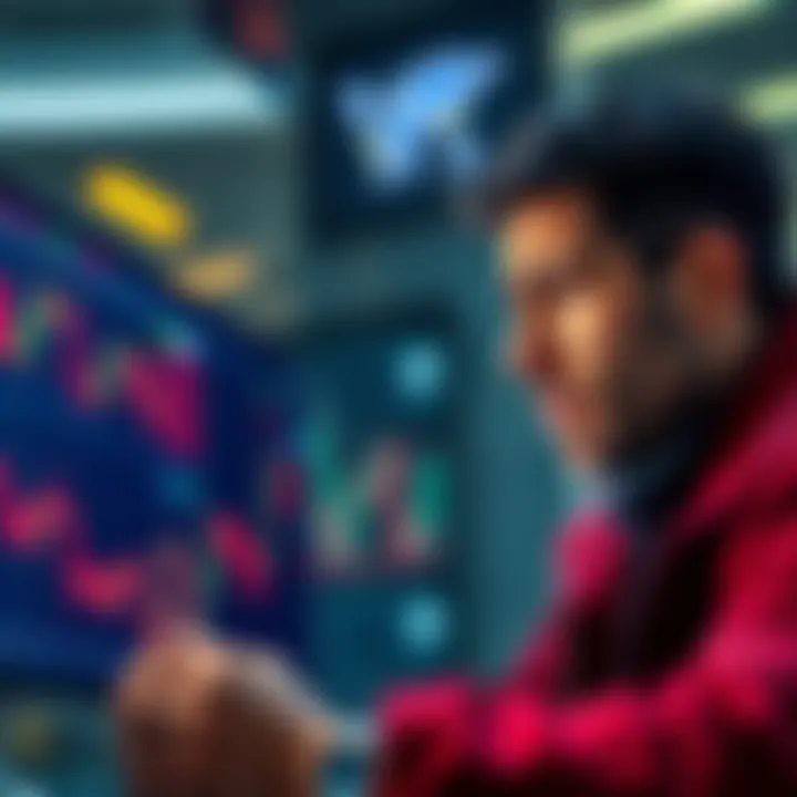 Crypto Trading Emotions A trader looking at cryptocurrency charts, expressing a mix of anxiety and focus, with graphs showing fluctuations in the background.