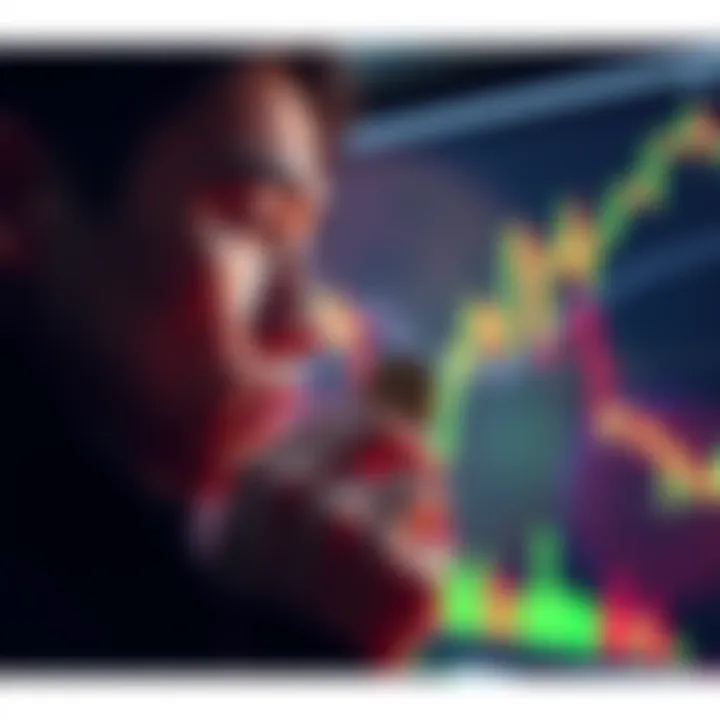 A person gazing at a fluctuating cryptocurrency chart, representing the emotional ups and downs of trading. They hold a coin tightly in their hand, symbolizing commitment to HODL.