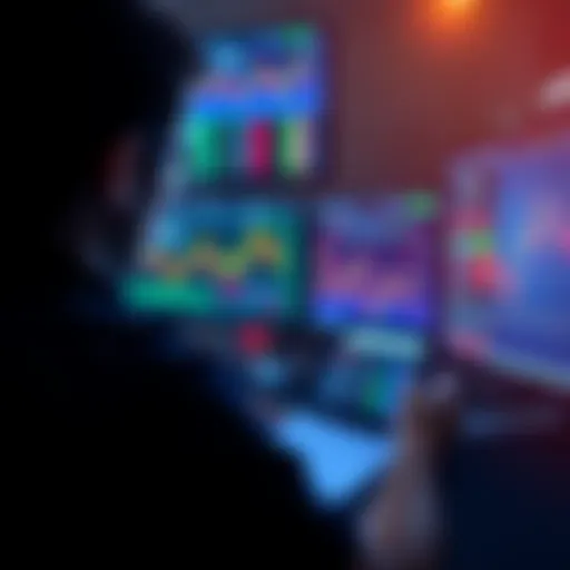 A person looking at multiple screens displaying cryptocurrency prices and charts, surrounded by notes and a calculator, symbolizing investment decisions.