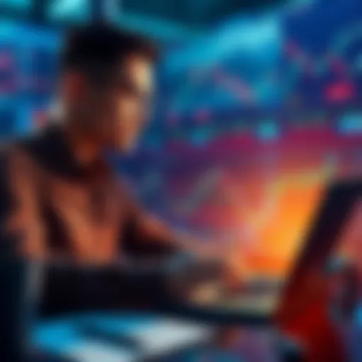 Crypto Trading Insights A trader reflecting on eight years in the crypto market, surrounded by graphs and charts showing market trends, with a laptop and notes in front of them.