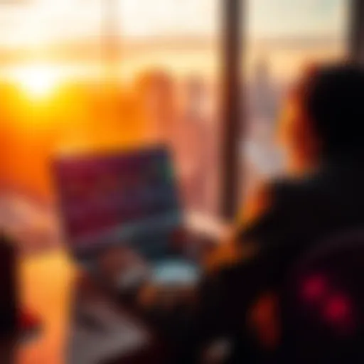 A person sitting at a desk, trading cryptocurrency on a laptop with charts and graphs visible on the screen