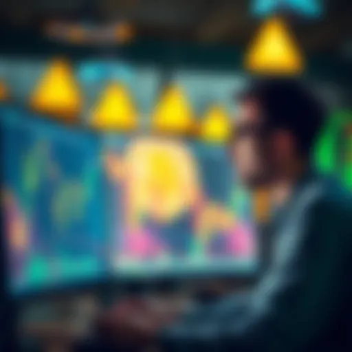 A worried trader looking at a fluctuating crypto chart on a computer screen, with warning signs in the background.