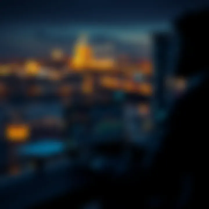 A person trading cryptocurrency on a laptop with charts and graphs displayed, set against a nighttime city skyline.